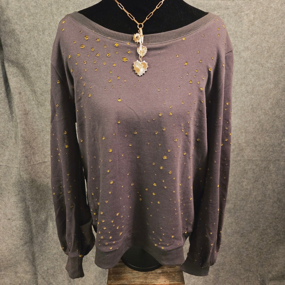 Mystree Sz L Gray Mustard Yellow Distressed Balloon Sleeve Sweatshirt 19346 NEW